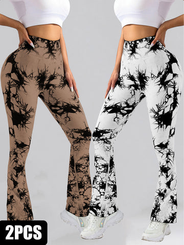 2 Pack Tie Dyed High Waisted Flared Butt lifting Fitness Sports Women’s Yoga Bell bottom Pants Workout Leggings