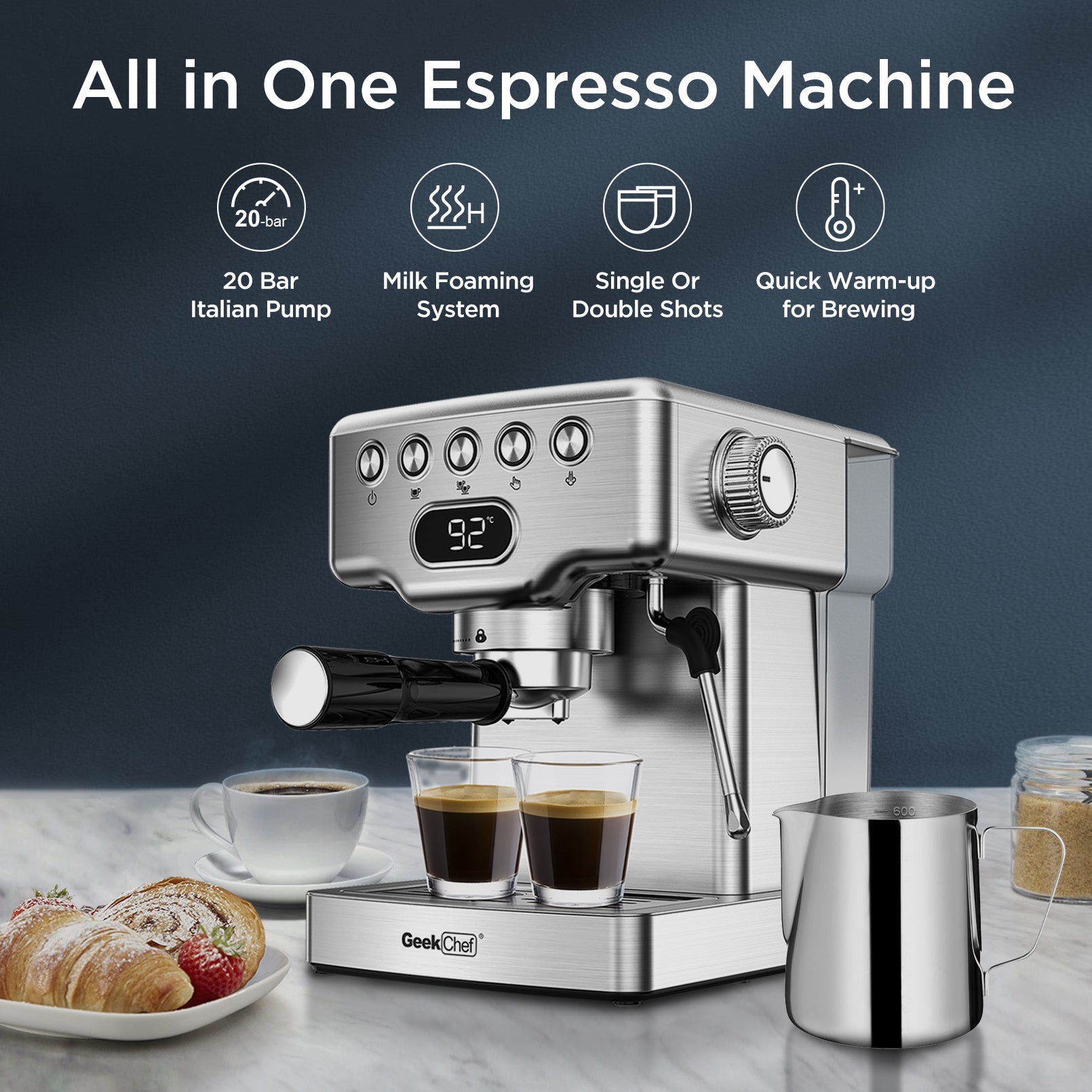 Geek Chef Espresso Machine 20 Bar With Milk Frother For Latte Cappuccino Macchiato Home Maker 1.8L Water Tank Stainless