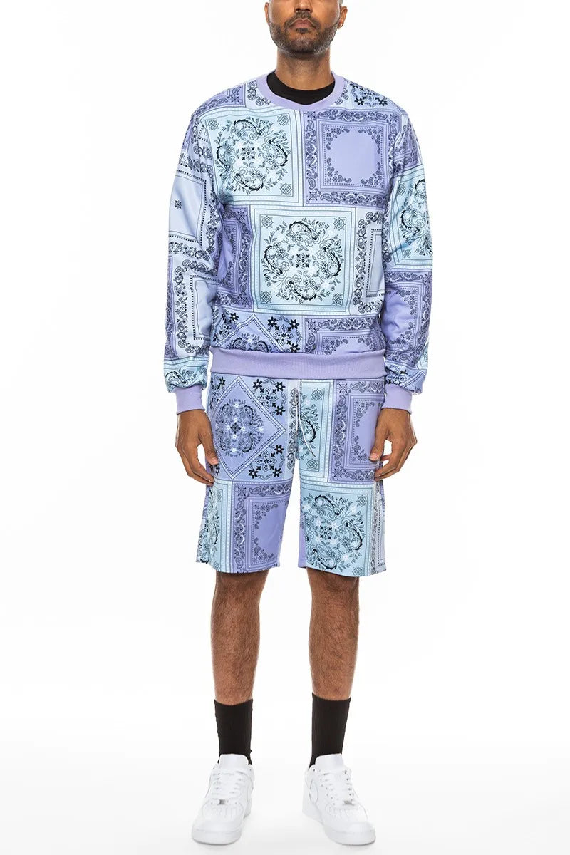 WEIV Men’s Full Size Paisley Bandana Print Sweatshirt and Shorts Set Plus LAVENDER / S