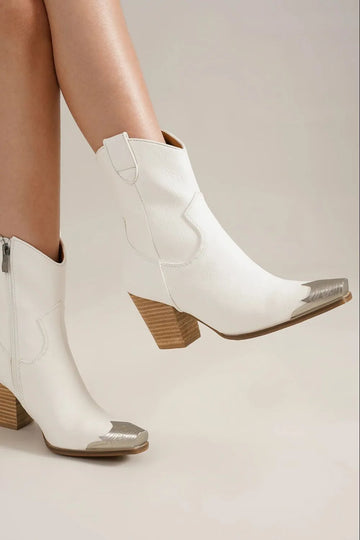 Beast Fashion Faux Leather Block Heel Boots with Side Zippers White / 6