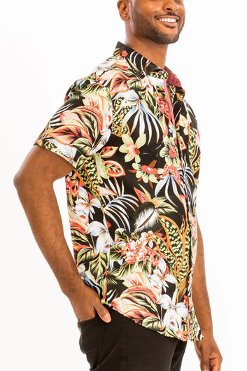 WEIV Men's Full Size Hawaiian Print Button Down Shirt Plus Size