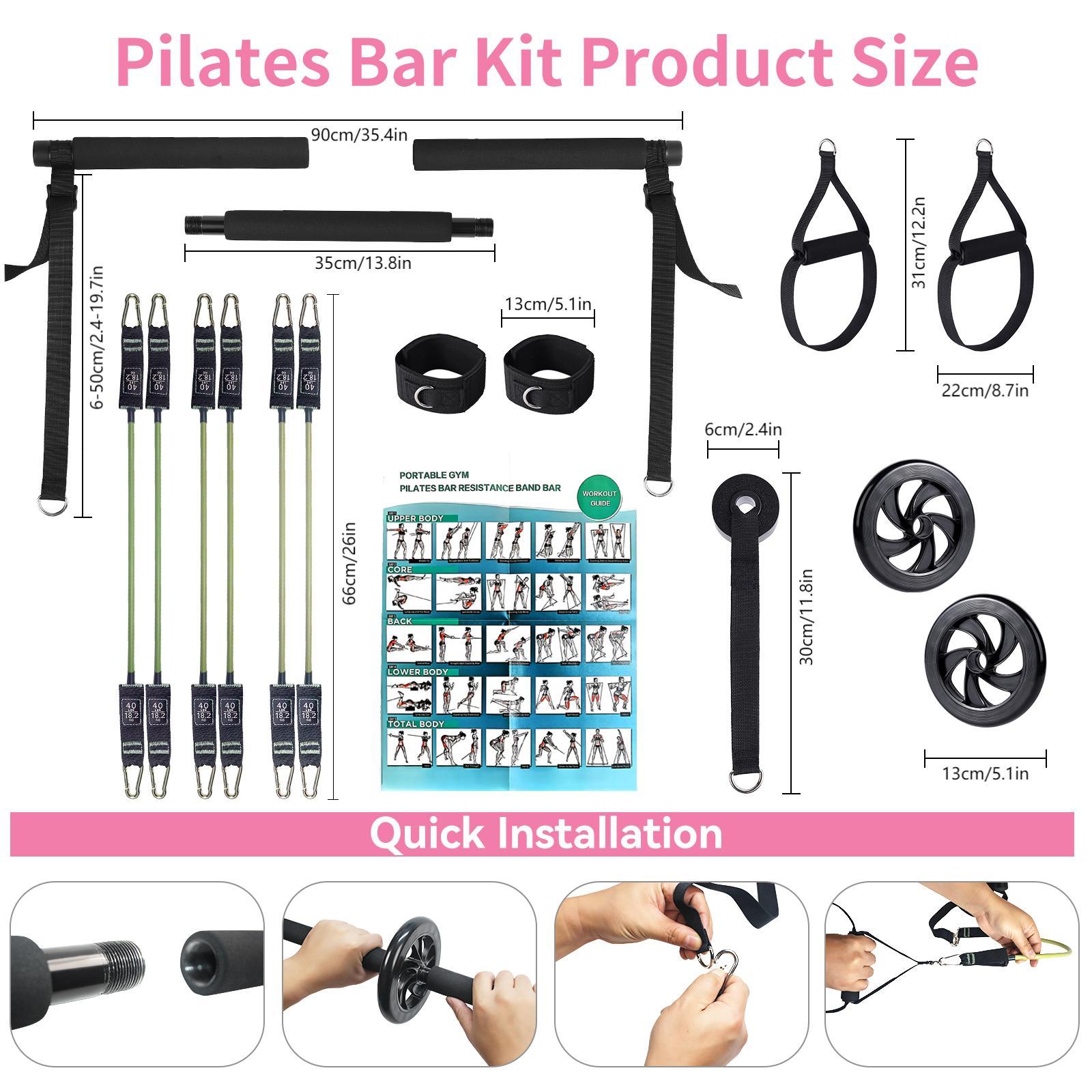 Professional Yoga & Pilates Bar Kit 18 Piece Full Body Workout Set With Adjustable 3 Section Ab Roller 6 Resistance