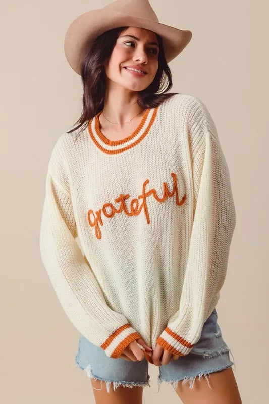 SO ME Thanksgiving Grateful Lettering Stitch Sweater