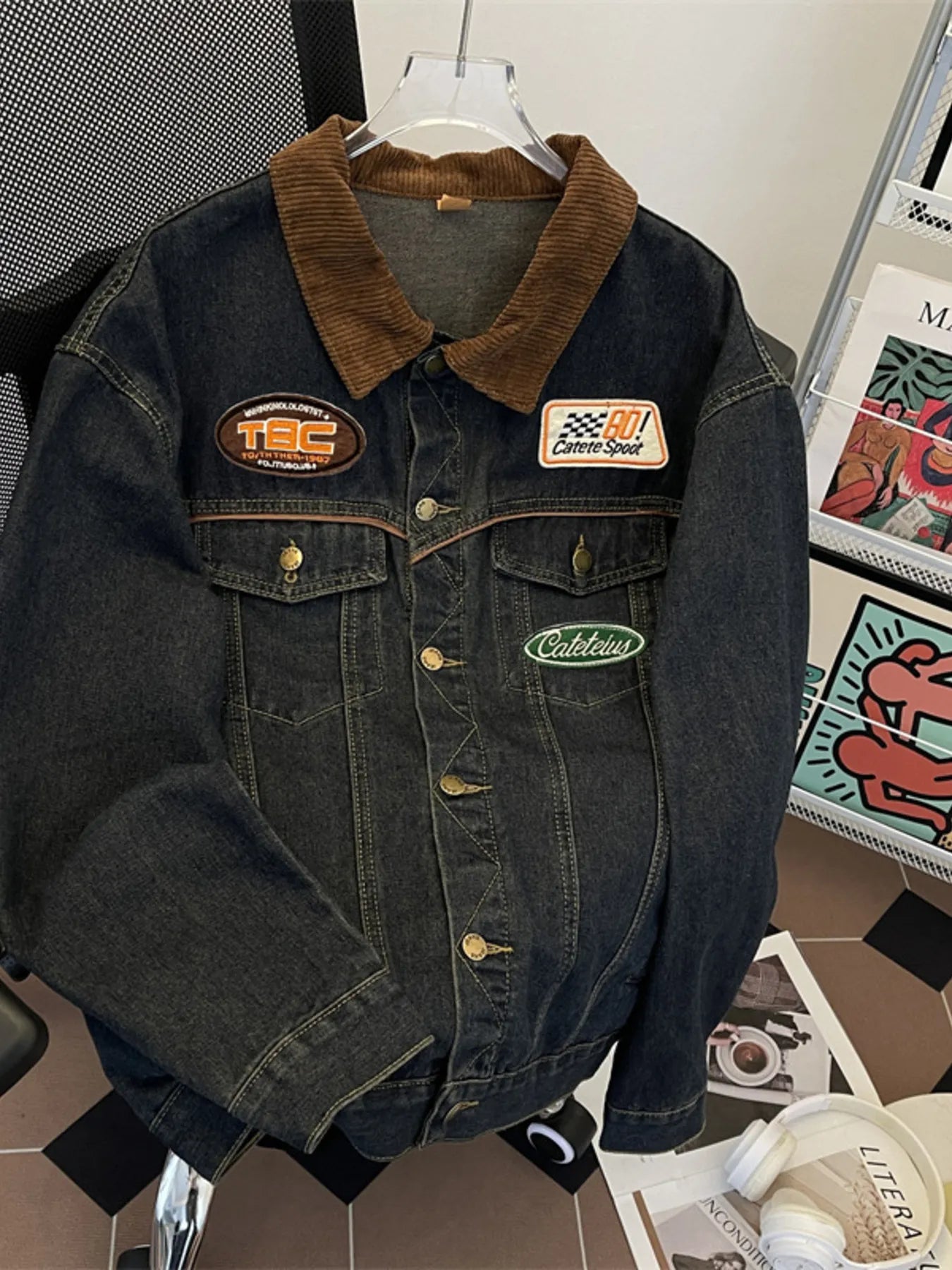 Men’s Plus Size Corduroy Collar Button Up Denim Jacket