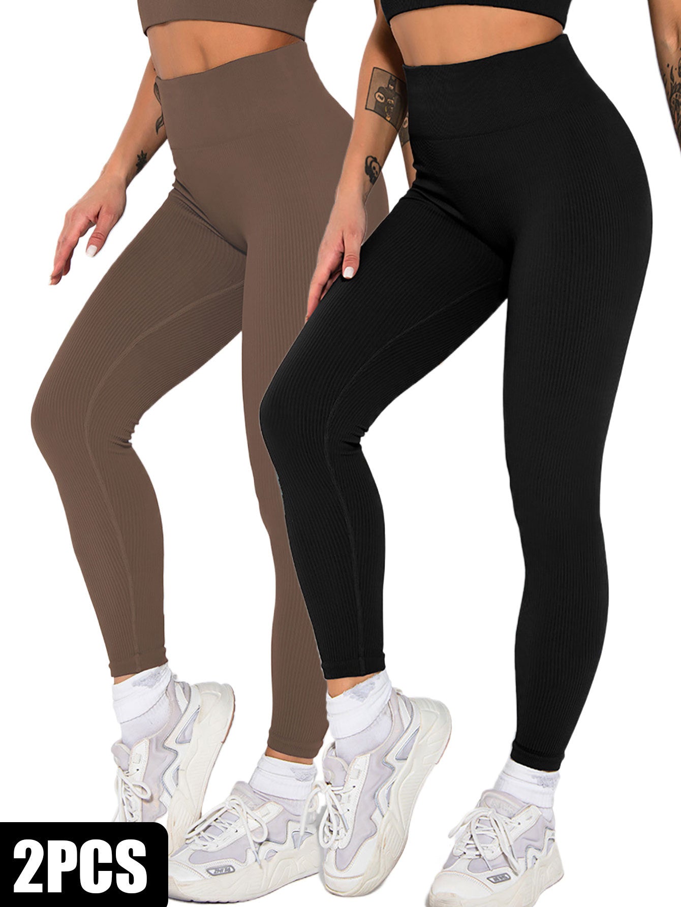 2 Pack Womens Seamless Ribbed Leggings Soft Slimming Yoga Pants High Waisted Gym Sport Women Fitness Female
