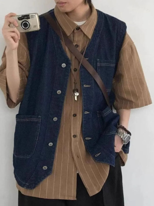 Men's Plus Size Button Up V-Neck Denim Vest