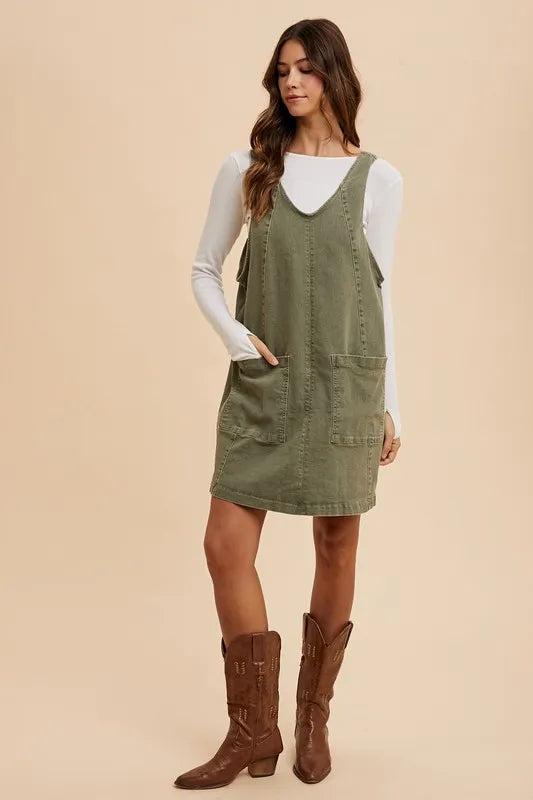 Annie Wear V Neck Adjustable Strap Denim Overall Dress with Pockets