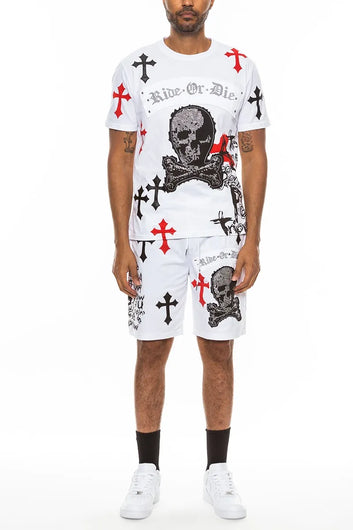 WEIV Men's Full Size Cotton Print Chrome Cross Shirt and Short Set Plus Size