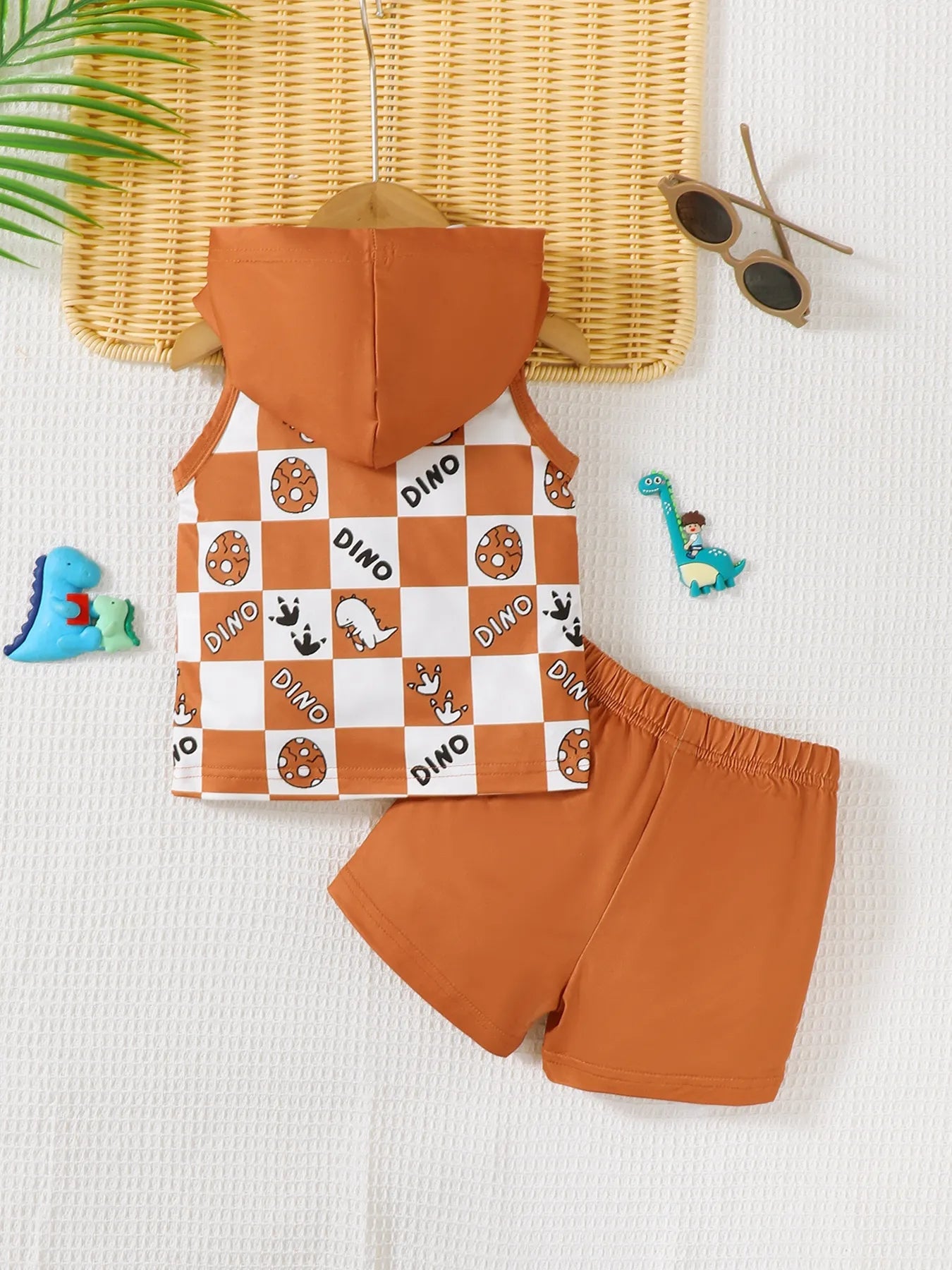 Children’s Dinosaur Checkered Sleeveless Hooded Top and Shorts Set