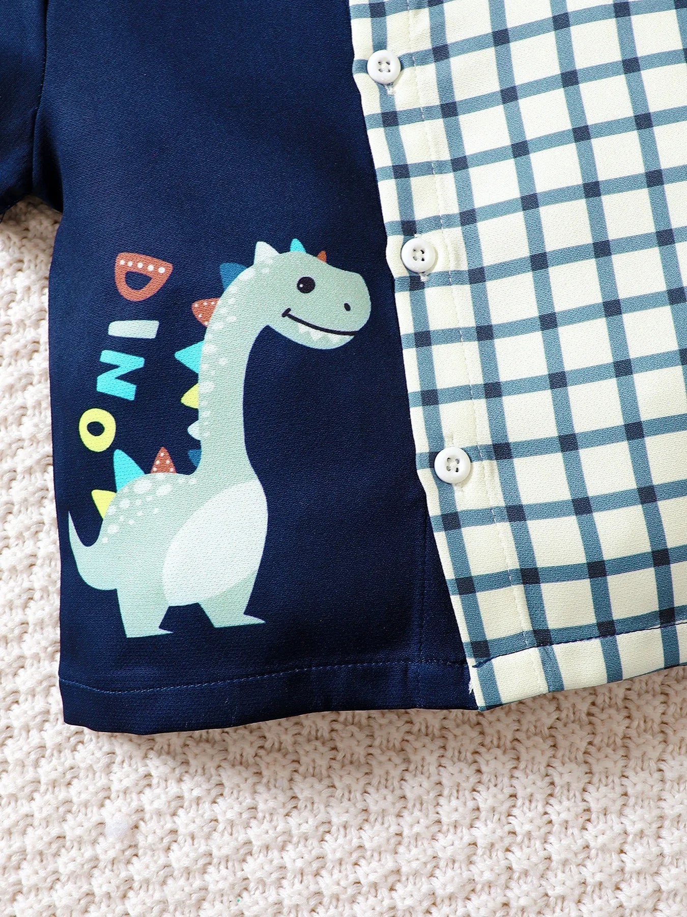 Children’s Hat Dinosaur Plaid Button Up Top and Shorts 3 Piece Set