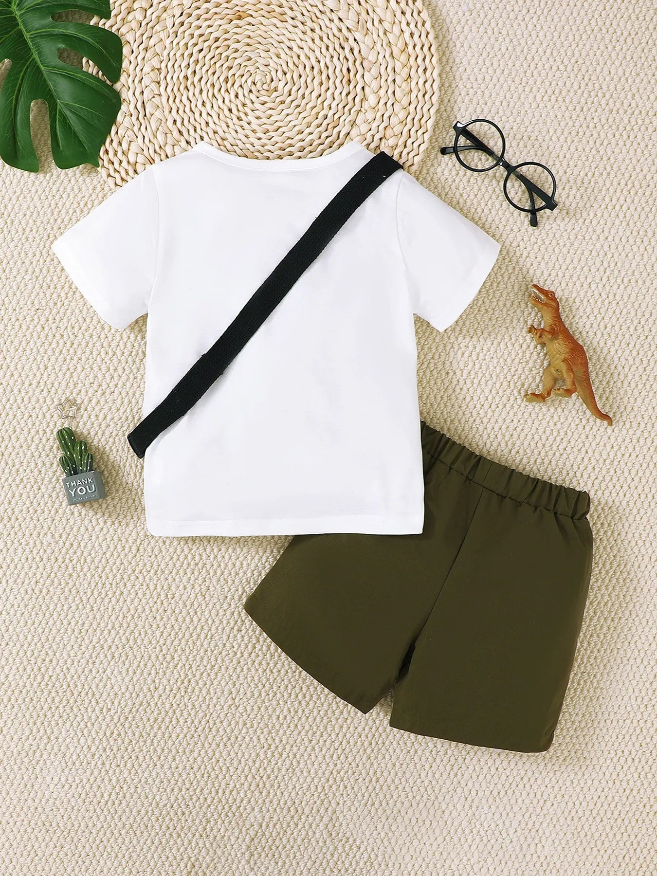 Children’s Dinosaur Round Neck Top and Pants Set with Crossbody Bag