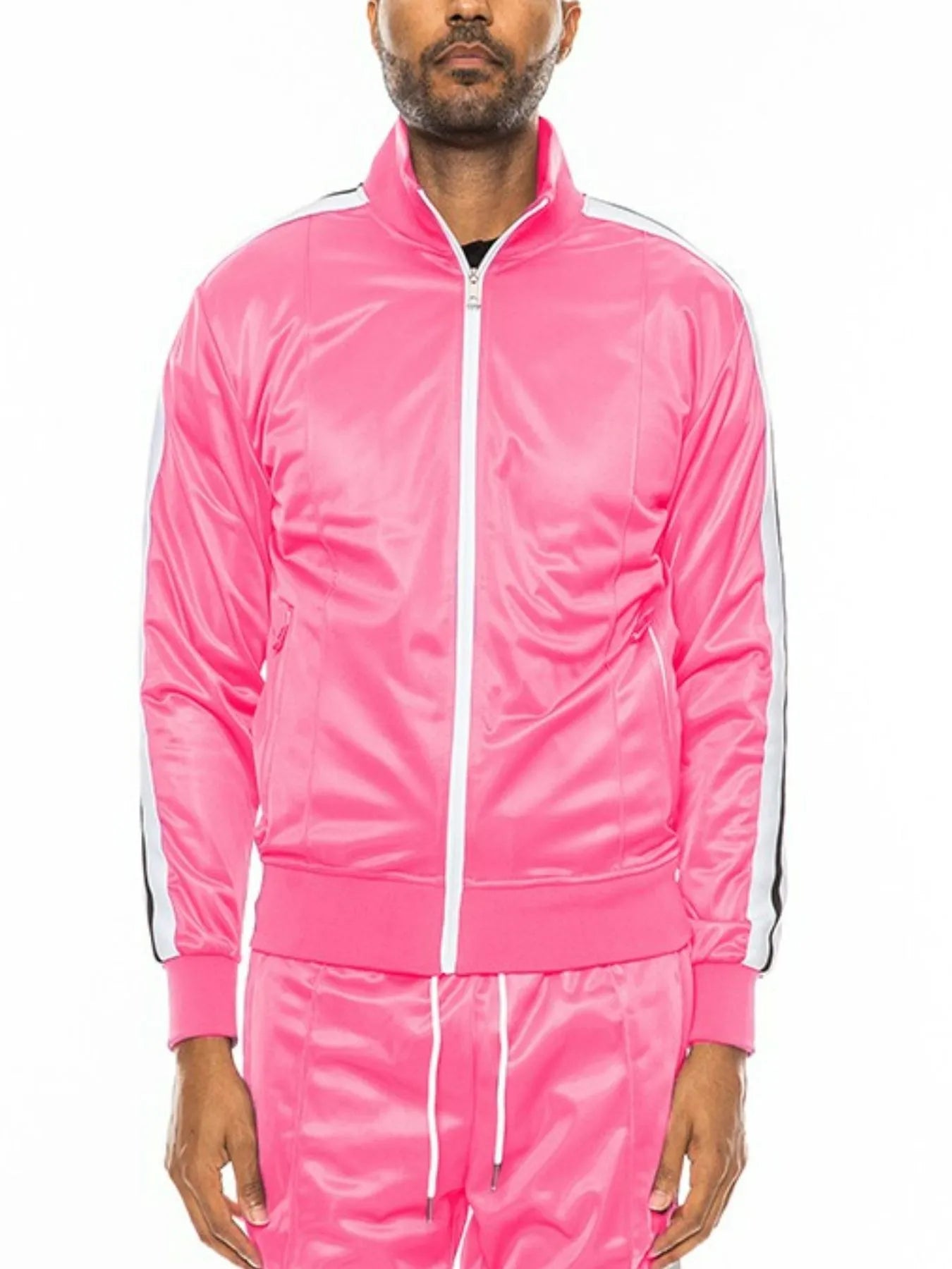 WEIV Men’s Full Size Single Stripe Tape Zip Up Jacket Plus