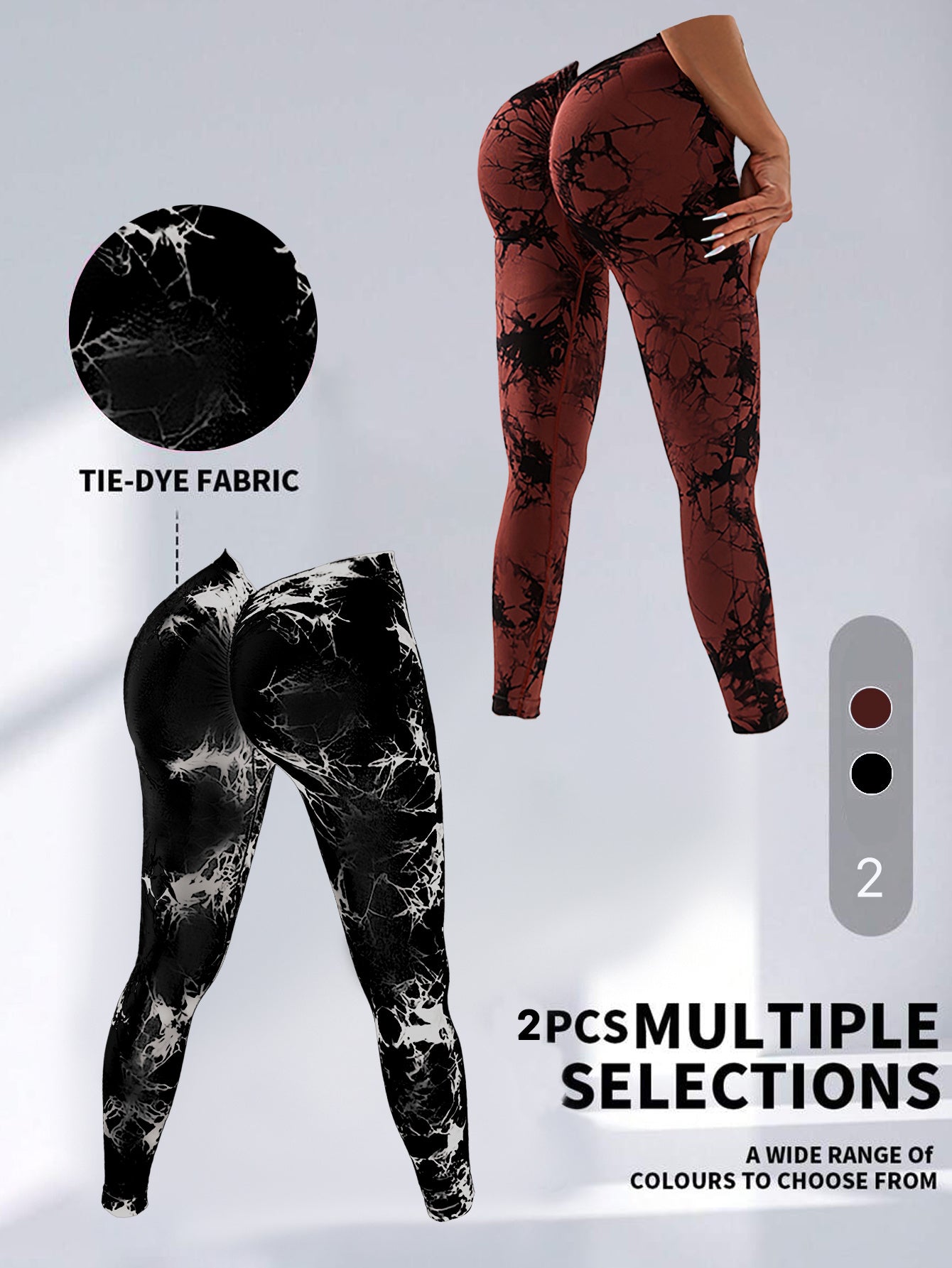 2 Pack Tie Dye High Waist V Back Yoga Leggings Peach Hip Enhancing Athleisure Tights Sport Style Fitness Pants