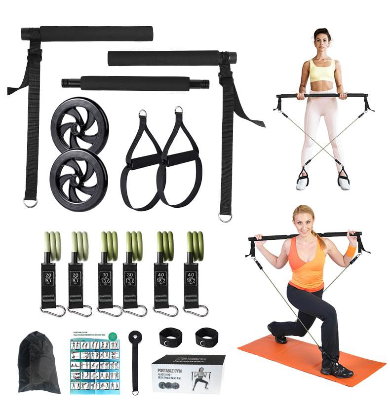 Professional Yoga & Pilates Bar Kit 18 Piece Full Body Workout Set With Adjustable 3 Section Ab Roller 6 Resistance