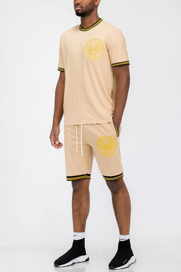 WEIV Men's Full Size Lion Head Embroidery T-shirt And Short Set Plus Size