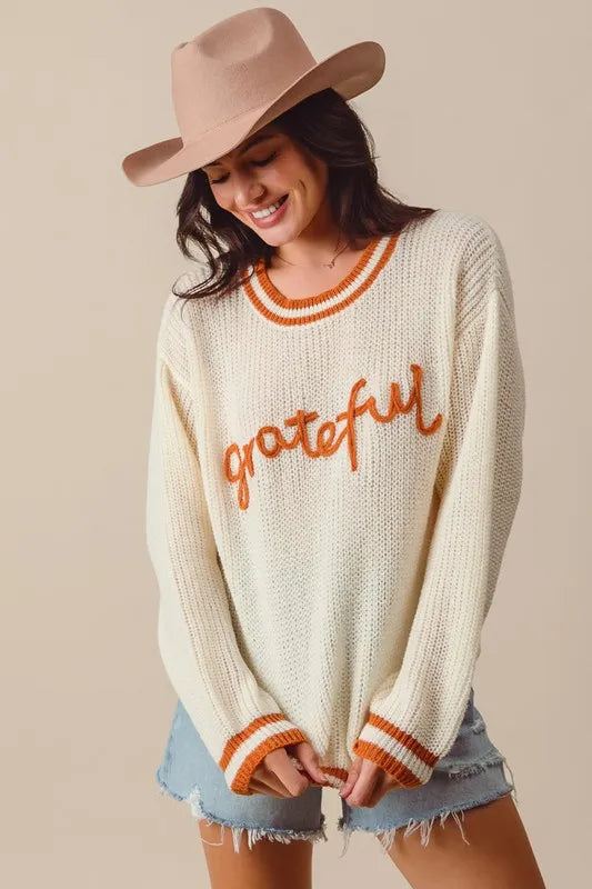 SO ME Thanksgiving Grateful Lettering Stitch Sweater