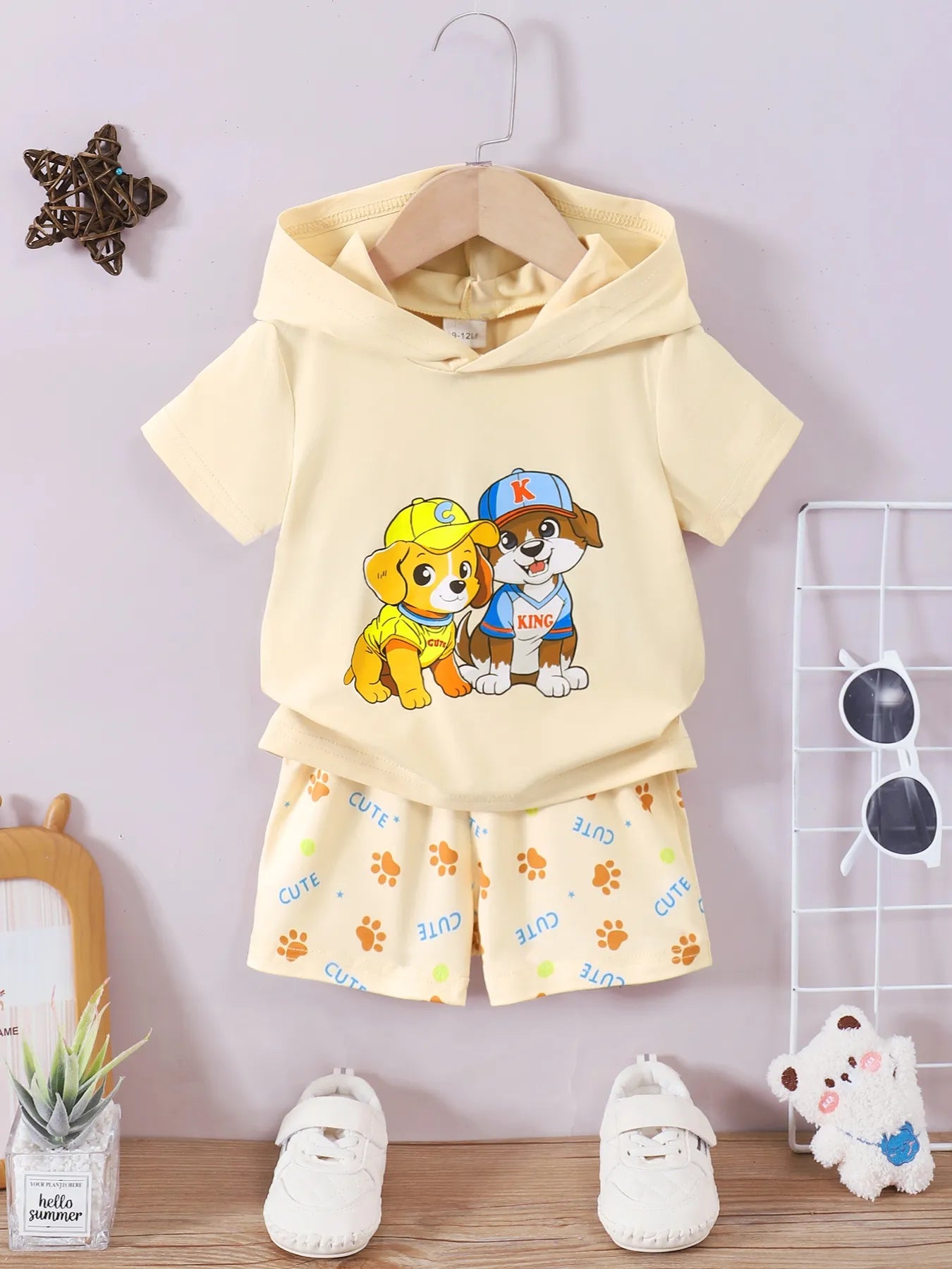 Children’s Dog Short Sleeve Hoodie and Shorts Set Pastel Yellow / 6 9M