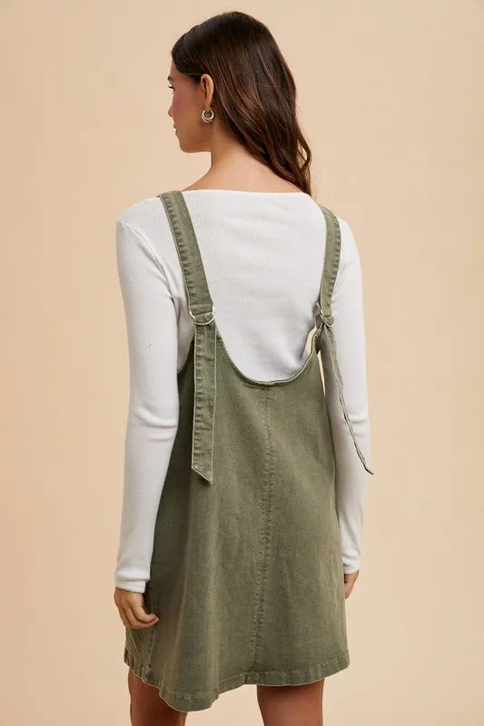 Annie Wear V Neck Adjustable Strap Denim Overall Dress with Pockets