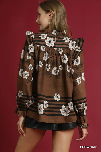 Umgee Full Size Mix Floral Smocked Ruffle Blouse Plus Size