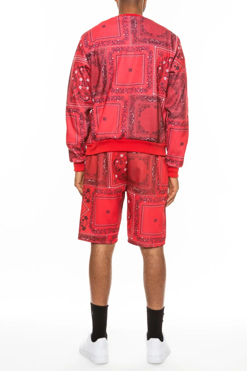 WEIV Men’s Full Size Paisley Bandana Print Sweatshirt and Shorts Set Plus