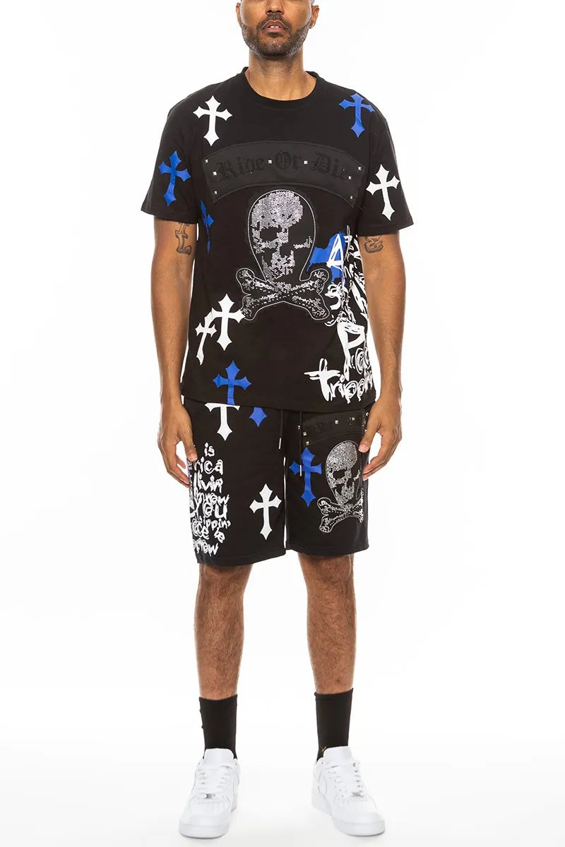 WEIV Men’s Full Size Cotton Print Chrome Cross Shirt and Short Set Plus BLACK BLUE / S