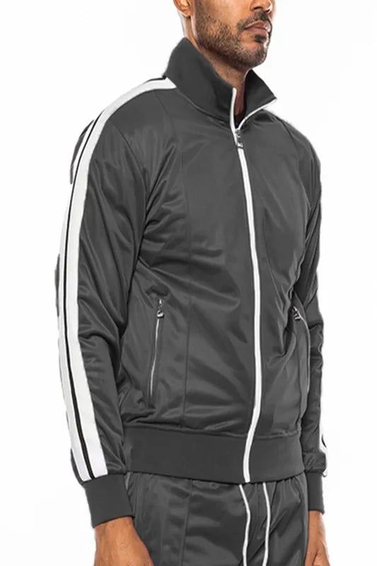 WEIV Men’s Full Size Single Stripe Tape Zip Up Jacket Plus BLACK / S