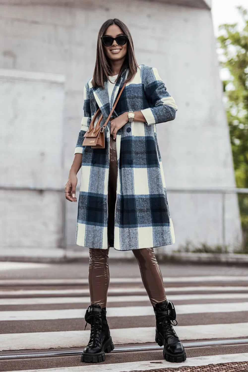 Double Take Full Size Plaid Button Up Lapel Collar Coat Peacock Blue / S