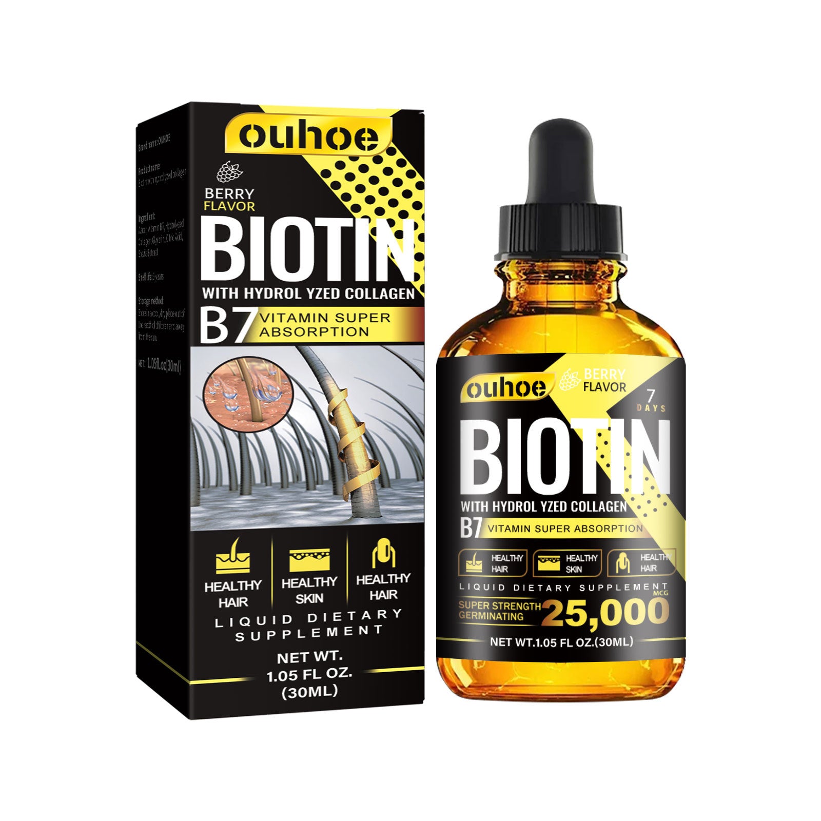 RESEARCH Liquid Biotin & Collagen Hair Growth Drops And Supplement For Men Women Glowing Skin Support Healthy Nail Black