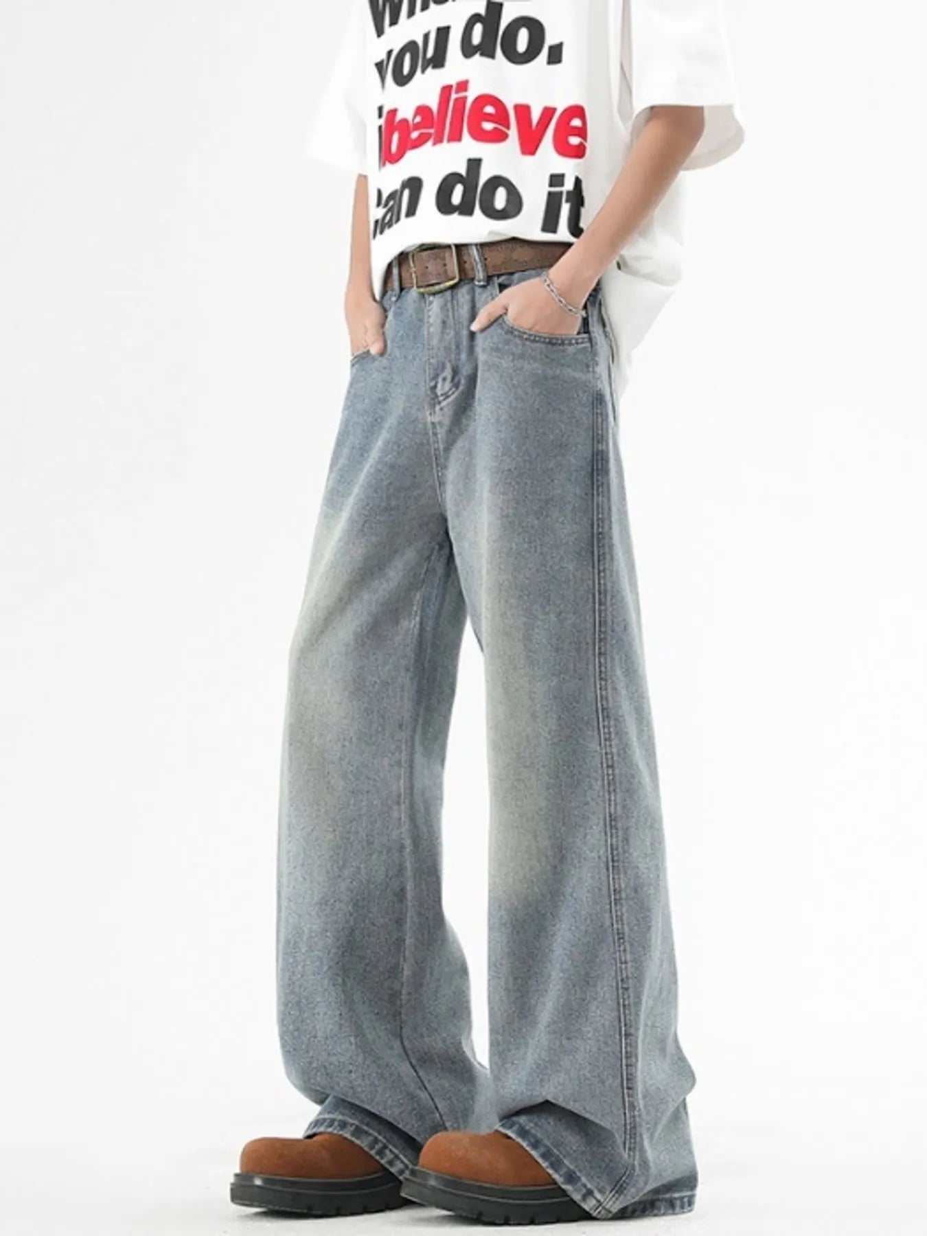 Men’s Plus Size Washed Wide Leg Jeans