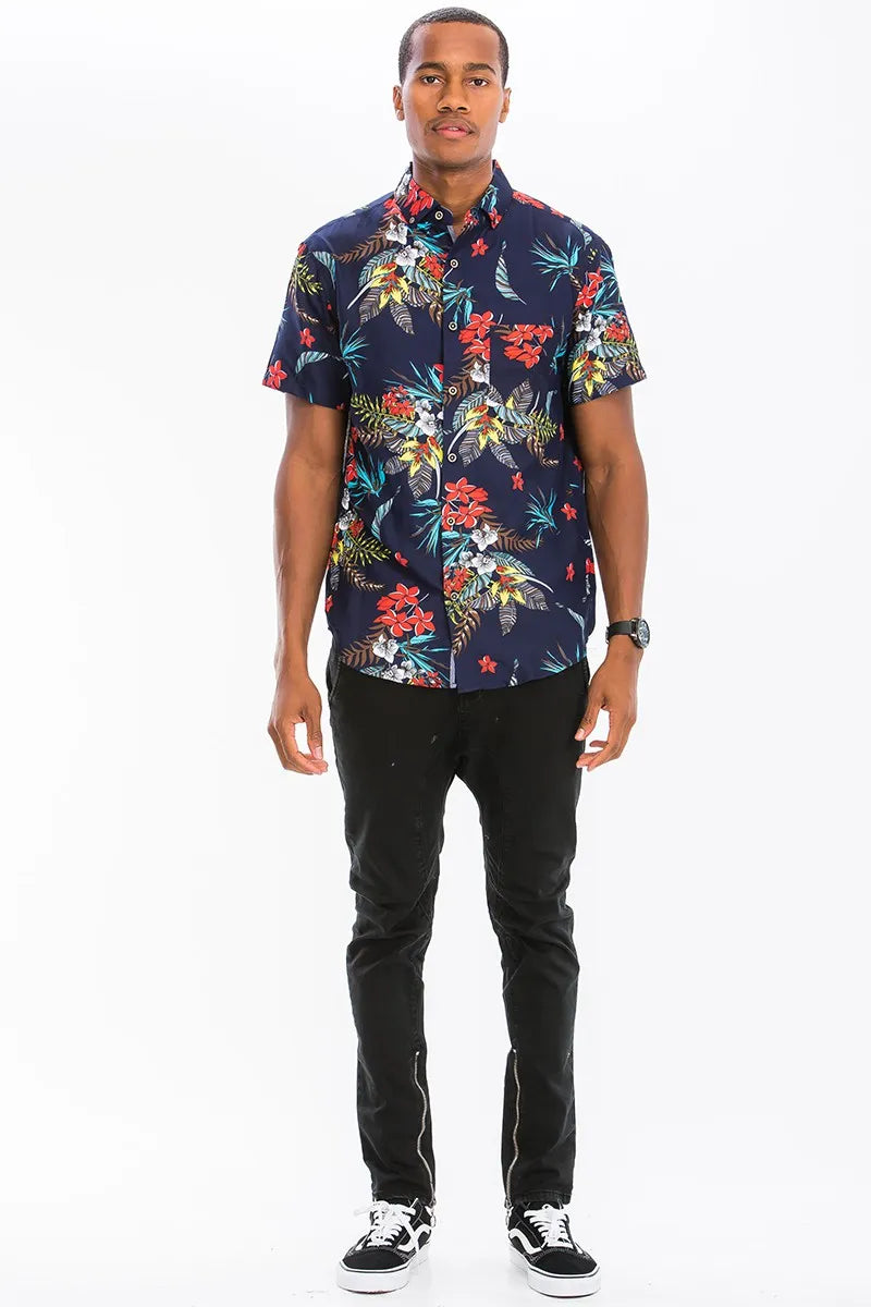 WEIV Men’s Full Size Hawaiian Print Button Down Shirt Plus