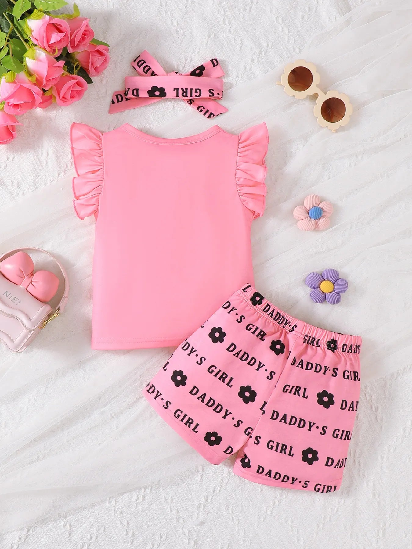 Children’s Headband Letter Ruffle Sleeve Top and Shorts 3 Piece Set
