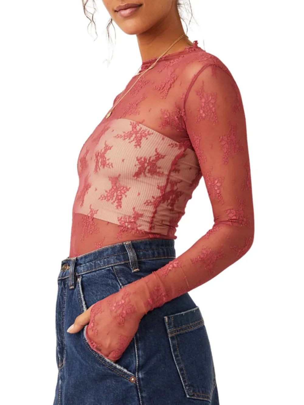 Lace Mock Neck Long Sleeve Blouse Deep Red / S