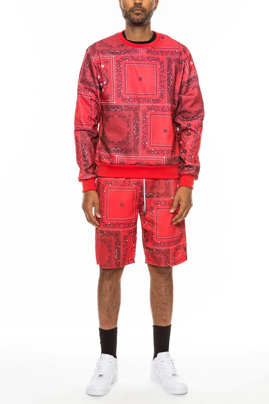 WEIV Men's Full Size Paisley Bandana Print Sweatshirt and Shorts Set Plus Size
