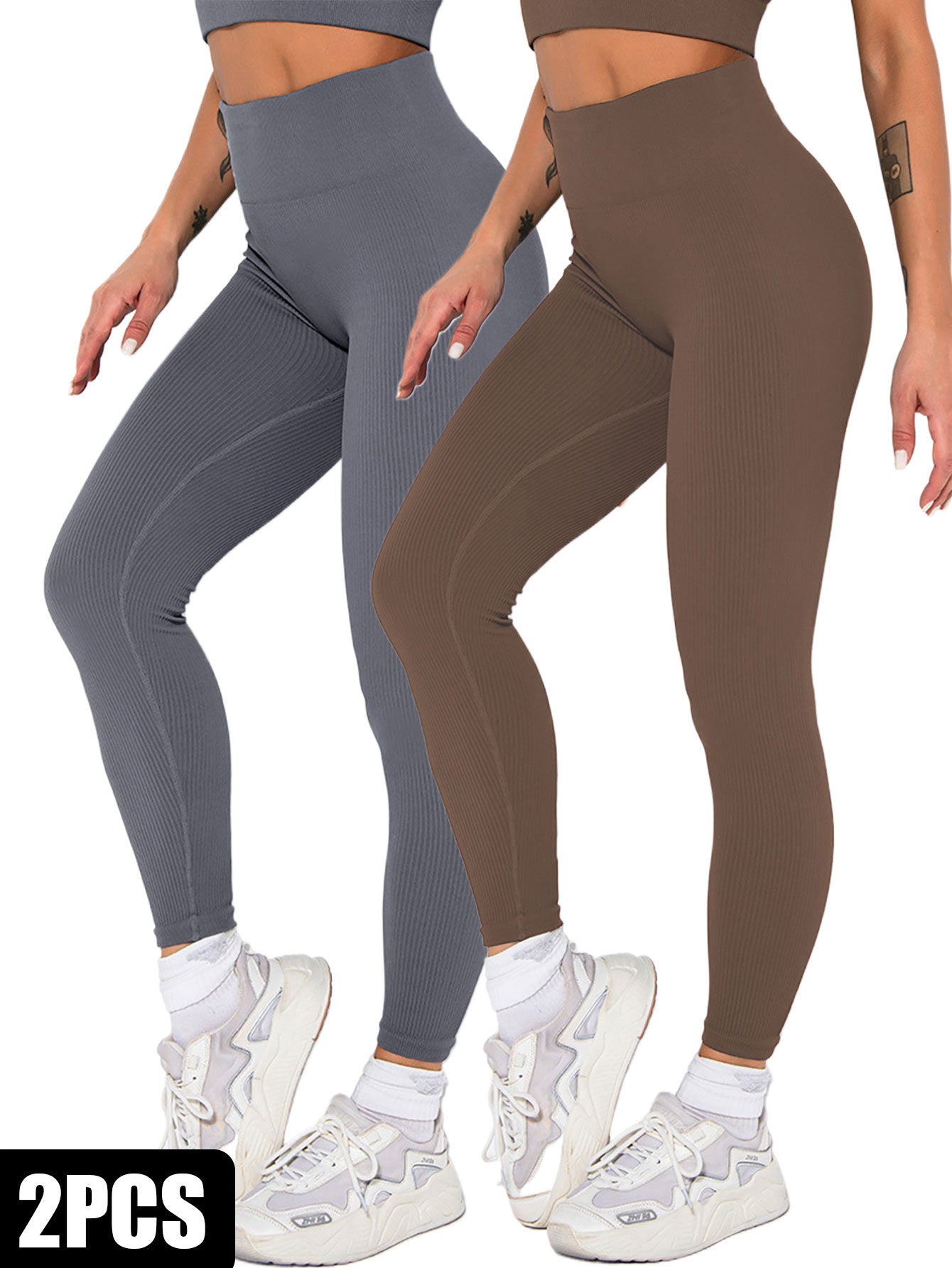 2 Pack Womens Seamless Ribbed Leggings Soft Slimming Yoga Pants High Waisted Gym Sport Women Fitness Female 2PACK1 / S