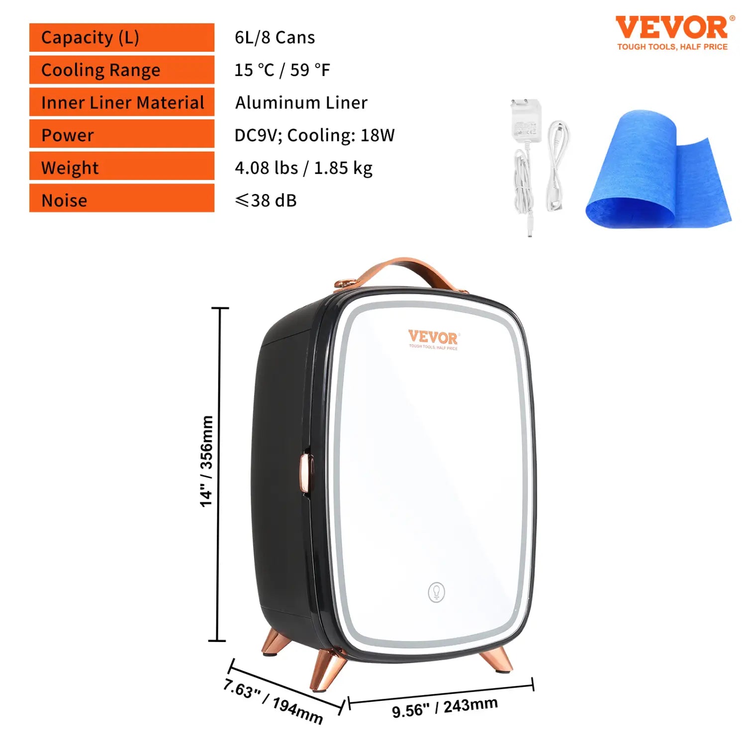 Vevor Mini Fridge 6L Skincare With LED Light And HD Mirror AC DC Makeup Fridges For Skin Care Cosmetic Storage Chill
