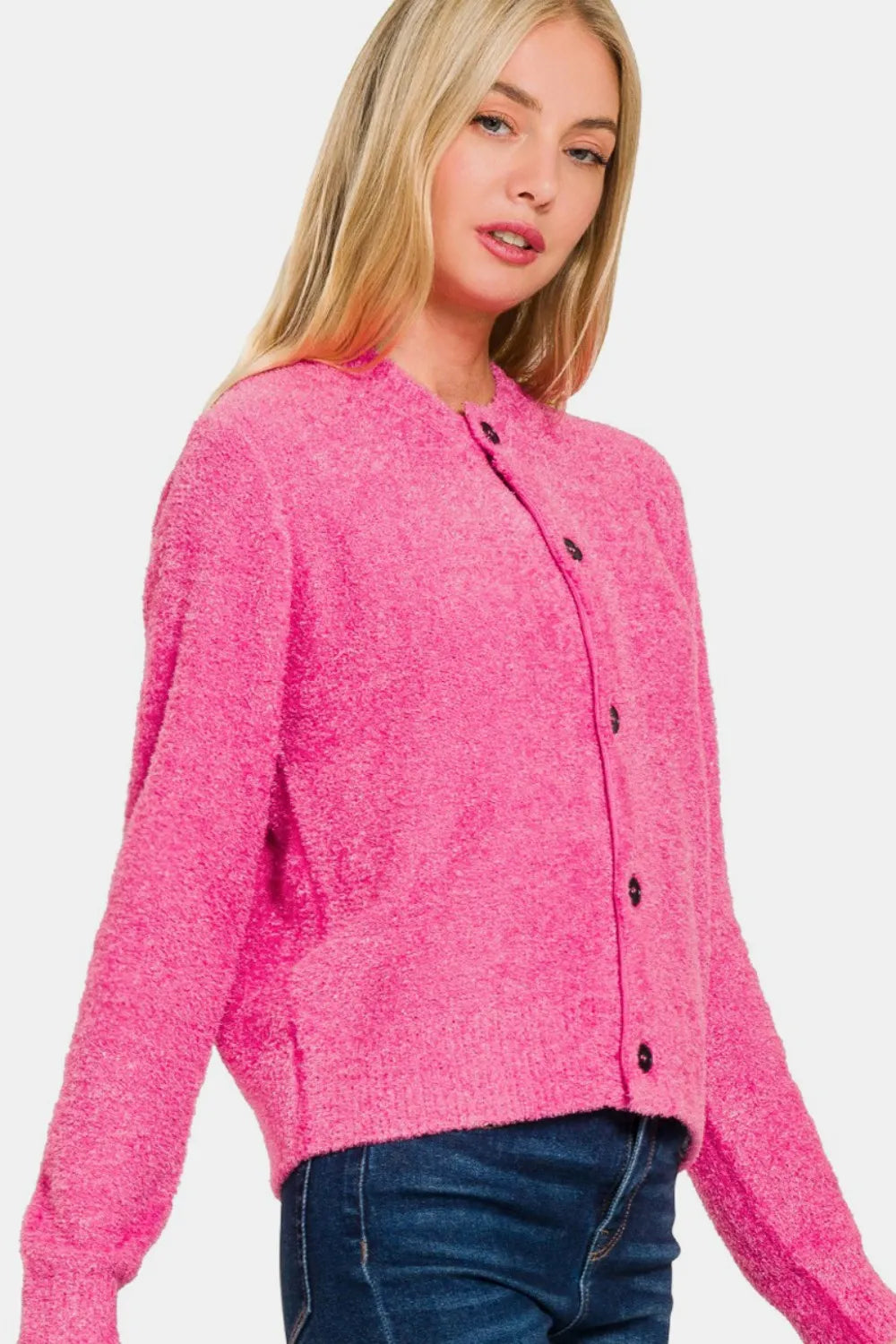 Zenana Button Down Long Sleeve Sweater Cardigan Fuchsia / S