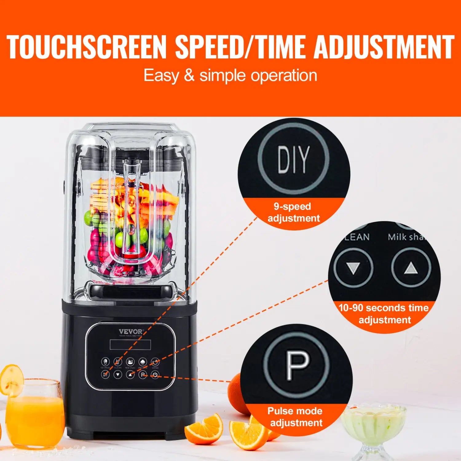 VEVOR Professional Blender With Shield Commercial Countertop Blenders 68 Oz Combo Stainless Steel 9 Speed & 5 Functions