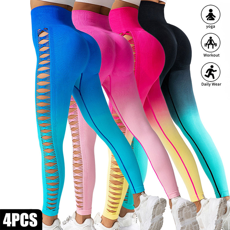 4 Pack Cut Out Ombre Gradient Color Hollow High waist Butt lifting Fitness Women’s Yoga Pants Waist Cutout Ripped Super