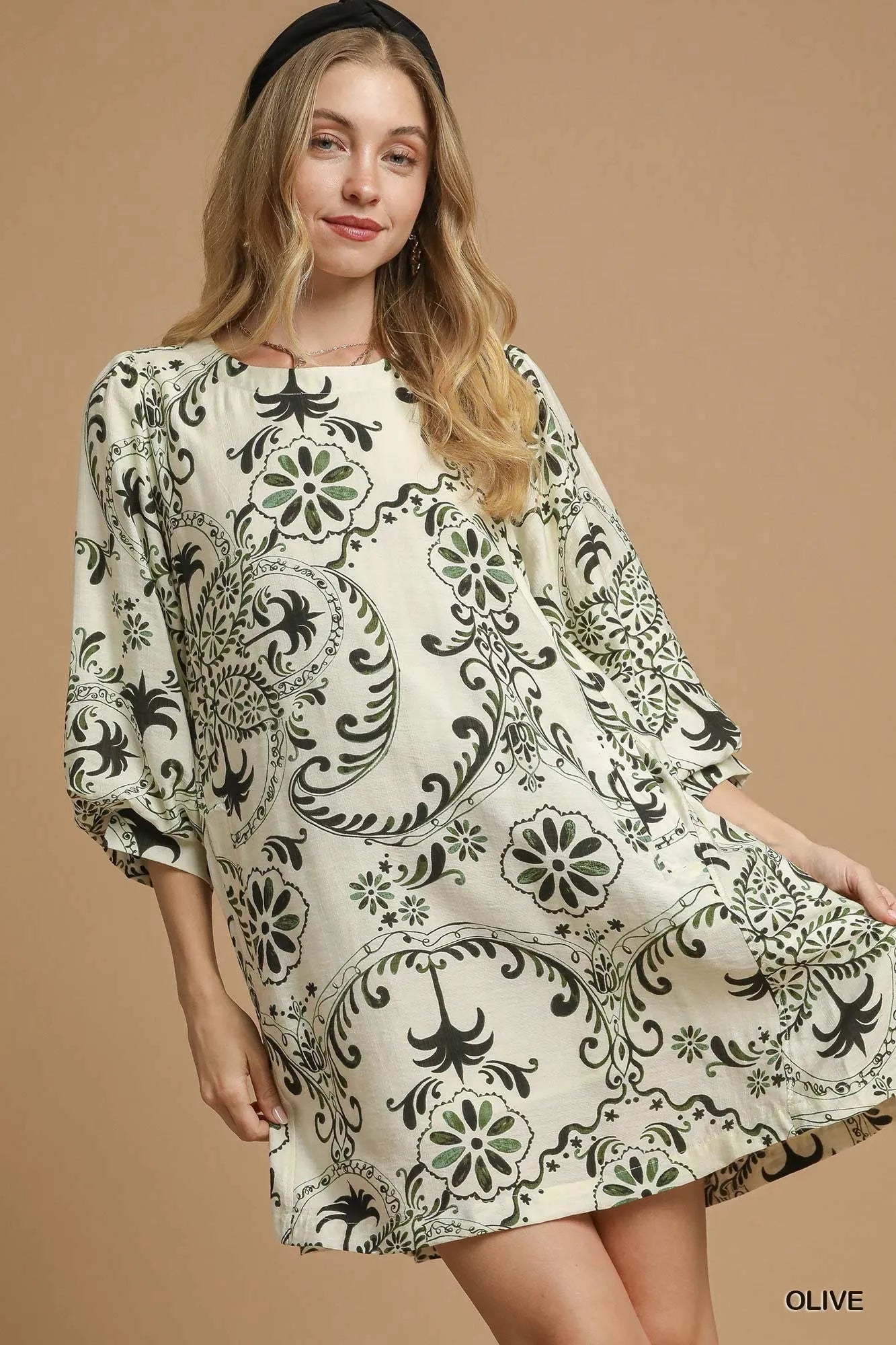 Umgee Boho Printed Balloon Sleeve Mini Dress Olive / S