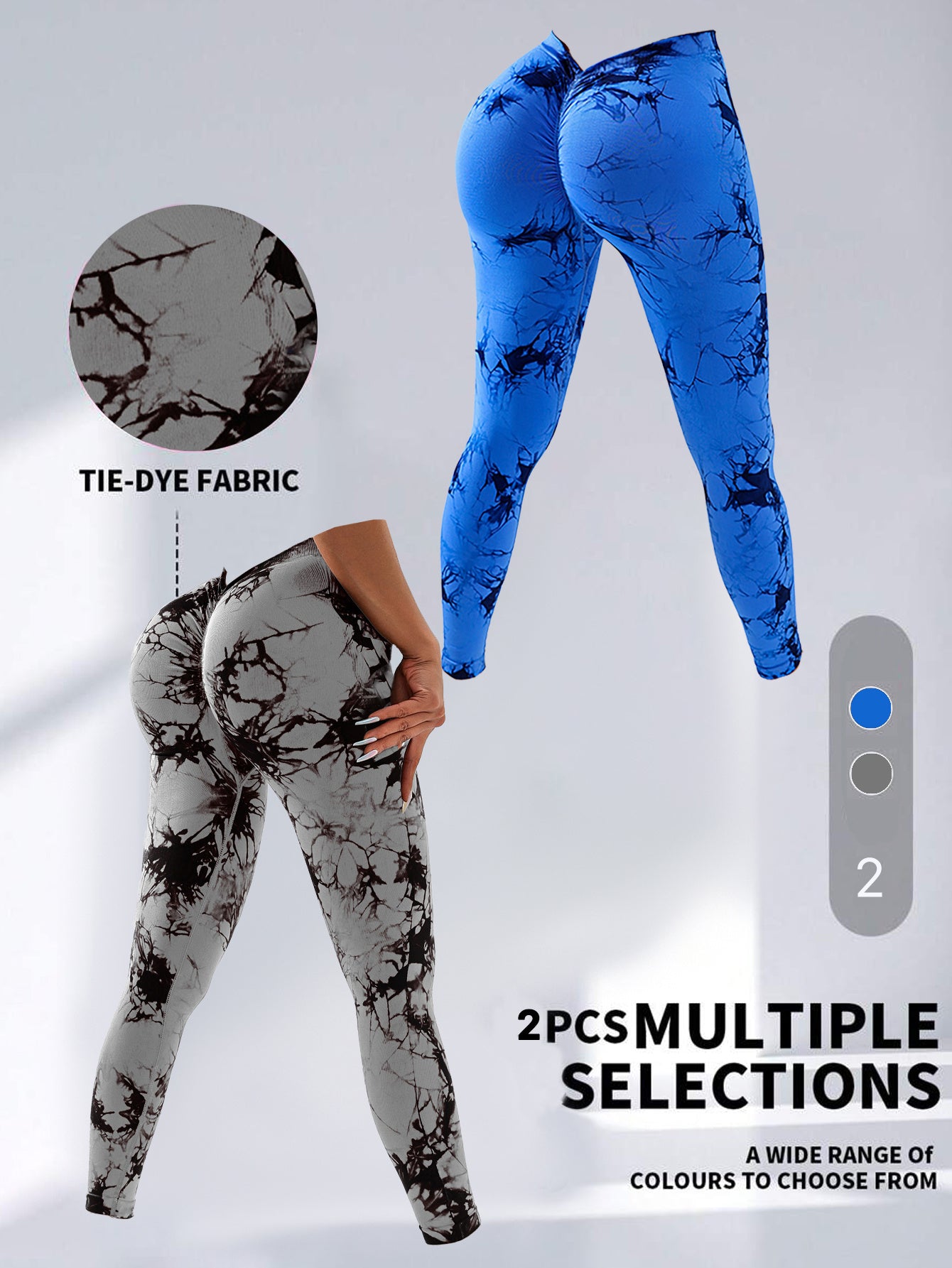 2 Pack Tie Dye High Waist V Back Yoga Leggings Peach Hip Enhancing Athleisure Tights Sport Style Fitness Pants 2PACK6