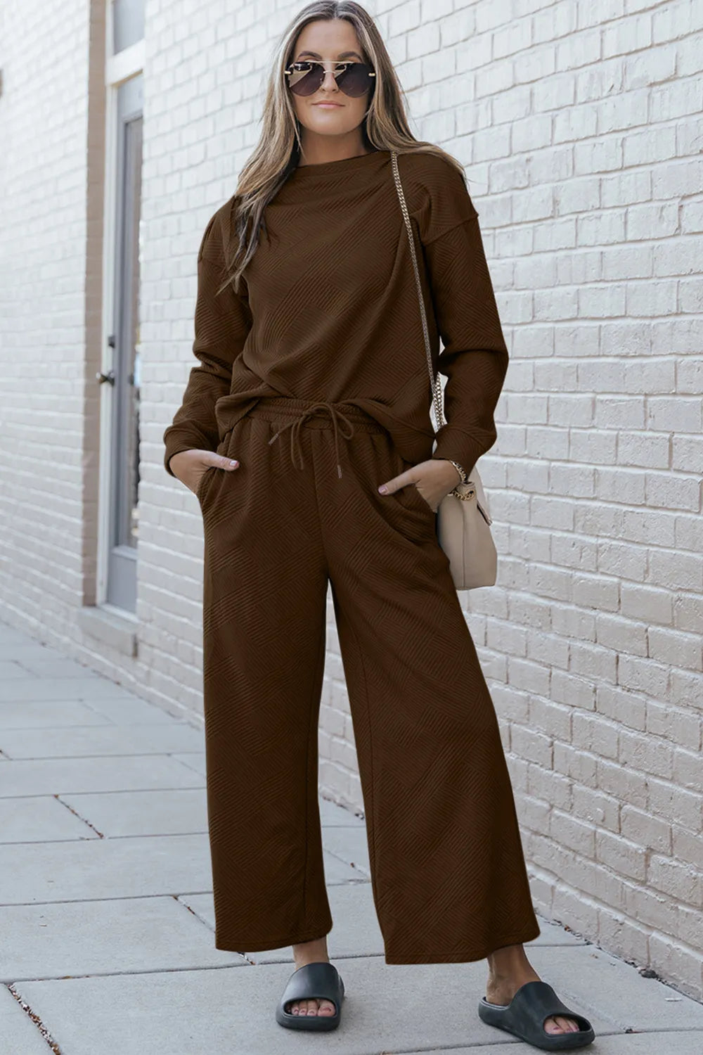 Double Take Full Size Textured Long Sleeve Top and Drawstring Pants Set Brown / S