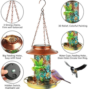 Solar Bird Feeder For Outdoors Hanging, Metal Wild Bird Feeder For Cardinals Solar Garden Lantern With S Hook As Gift For Bird Lovers