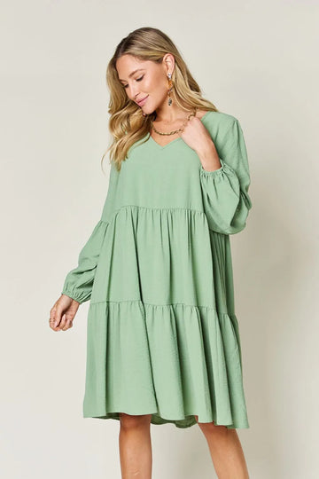 Double Take Full Size V Neck Balloon Sleeve Tiered Dress with Pockets Light Green / S