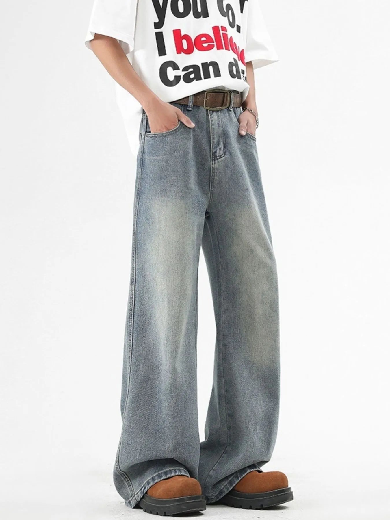 Men’s Plus Size Washed Wide Leg Jeans