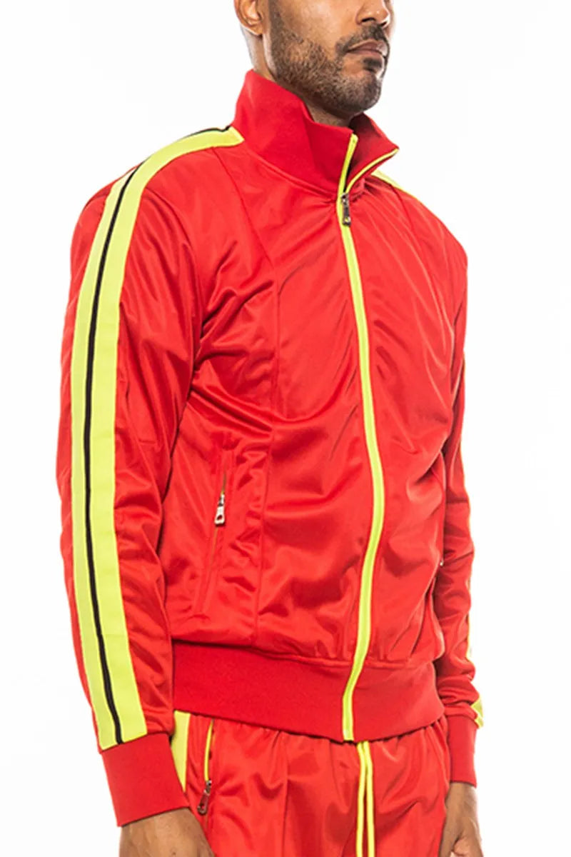WEIV Men’s Full Size Single Stripe Tape Zip Up Jacket Plus RED / S