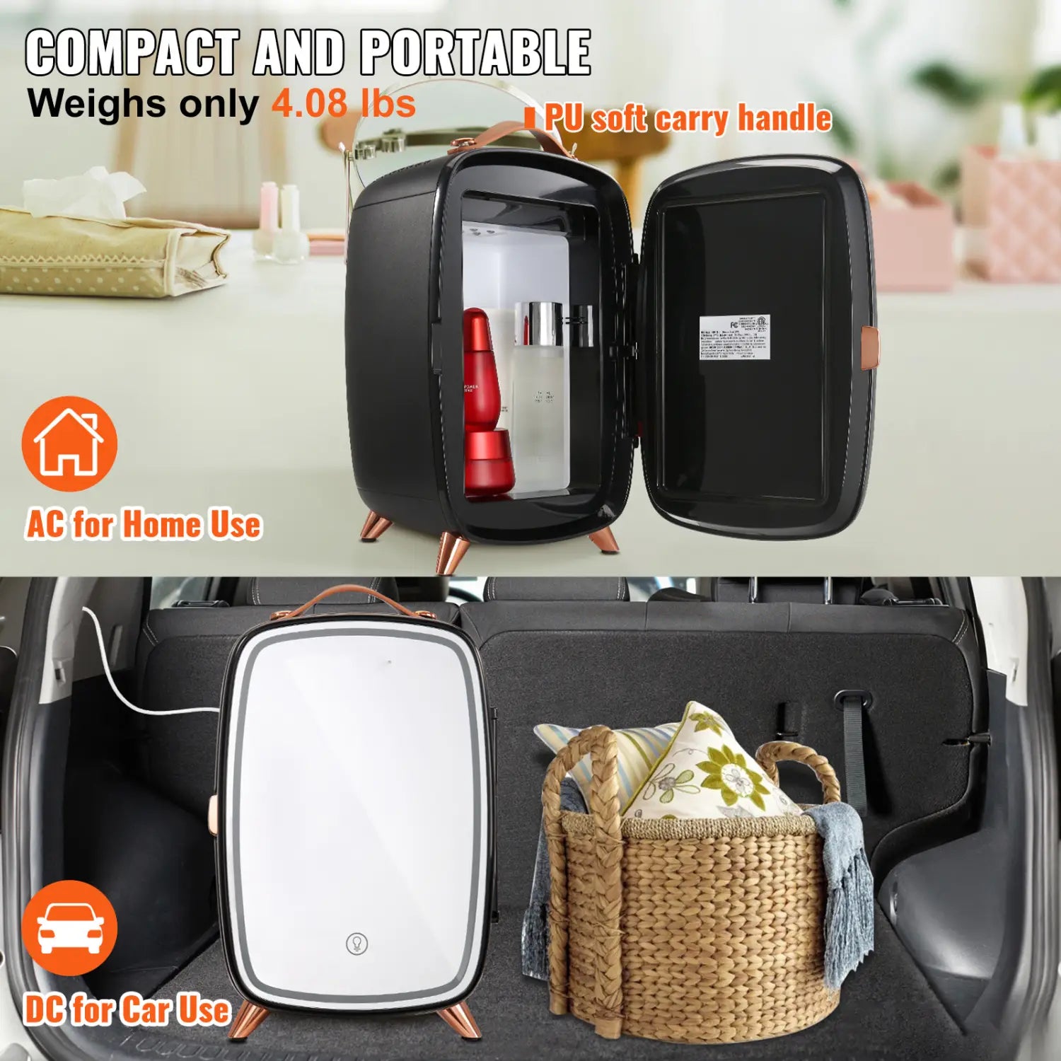 Vevor Mini Fridge 6L Skincare With LED Light And HD Mirror AC DC Makeup Fridges For Skin Care Cosmetic Storage Chill