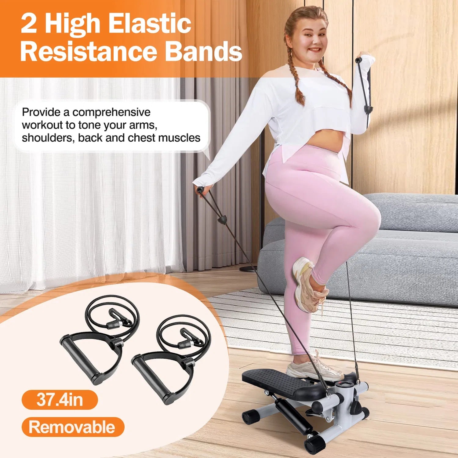 Exercise Stepper For Women Mini Fitness With 2 Resistance Bands LCD Monitor Max 330.7LBS Load Stair Quiet Grey
