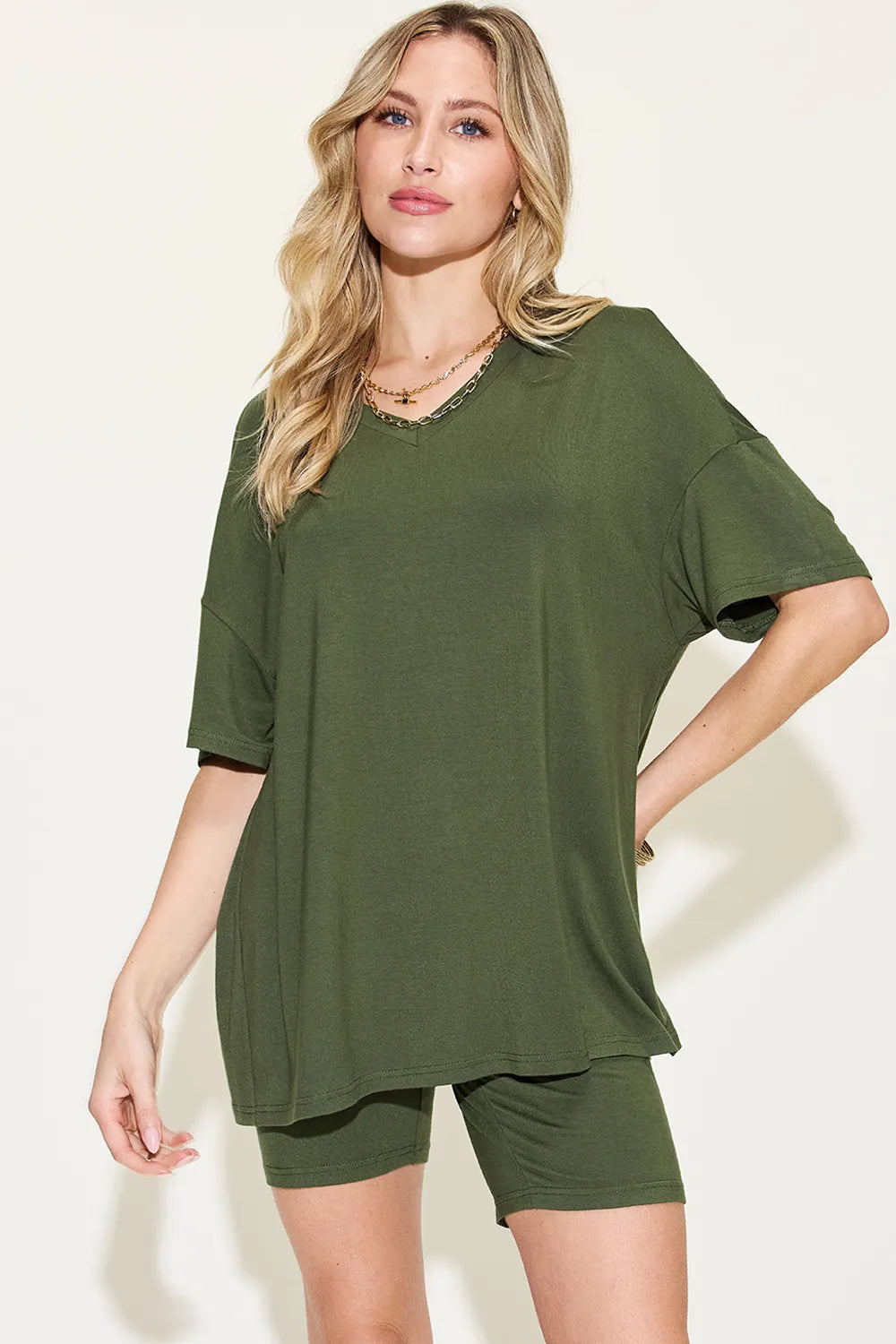 Basic Bae Full Size V Neck Drop Shoulder T Shirt and Shorts Set Matcha Green / S