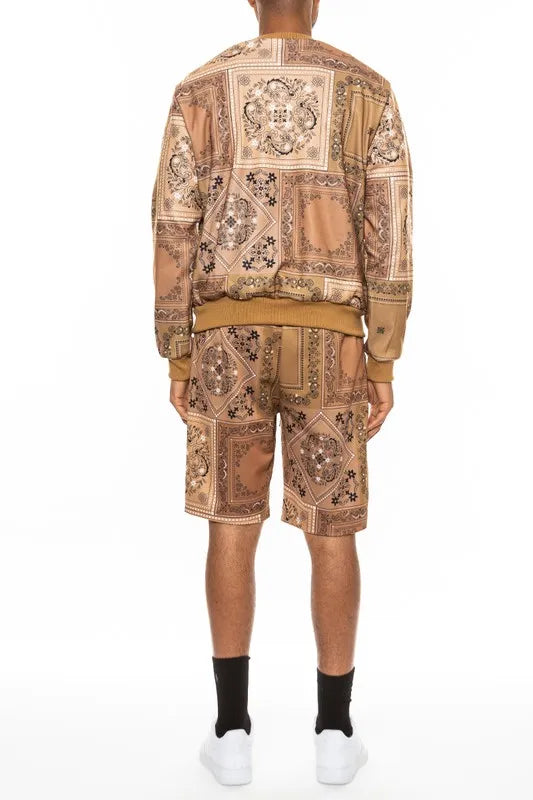 WEIV Men’s Full Size Paisley Bandana Print Sweatshirt and Shorts Set Plus