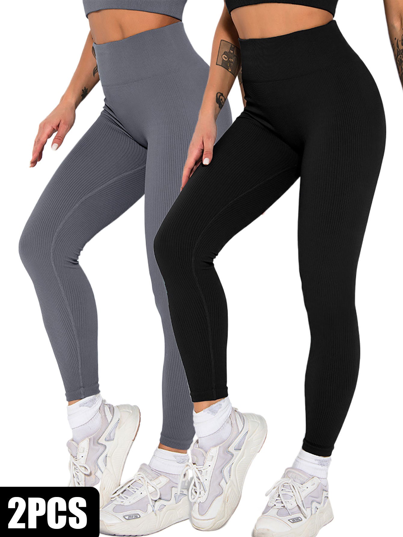 2 Pack Womens Seamless Ribbed Leggings Soft Slimming Yoga Pants High Waisted Gym Sport Women Fitness Female